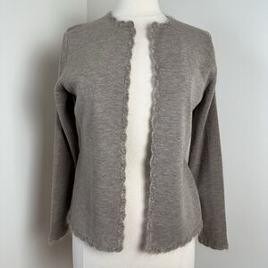 Rickie Freeman Teri Jon Knitwear Womens Medium Tan Wool Cardigan Knitted Trim